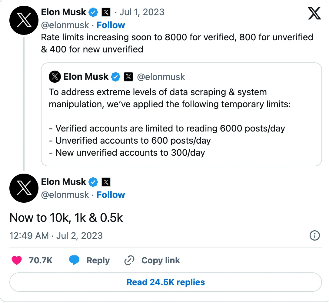 Screenshot from Elon Musk’s tweet about temporary limits